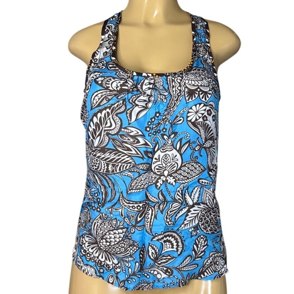 Trina Turk Floral Racerback Tank Top 100% Silk Blue Brown Size Small